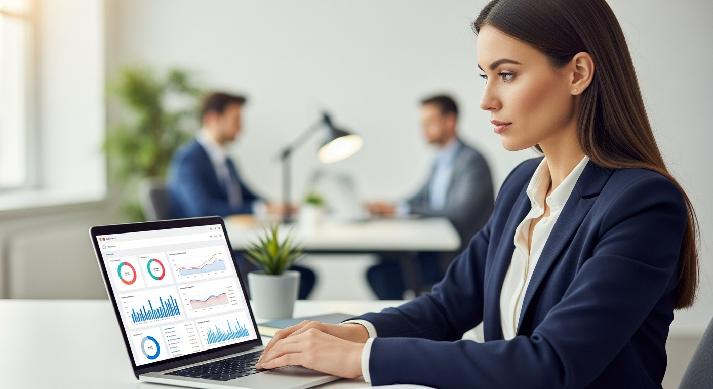 Woman analyzes social media data on a laptop in an office.