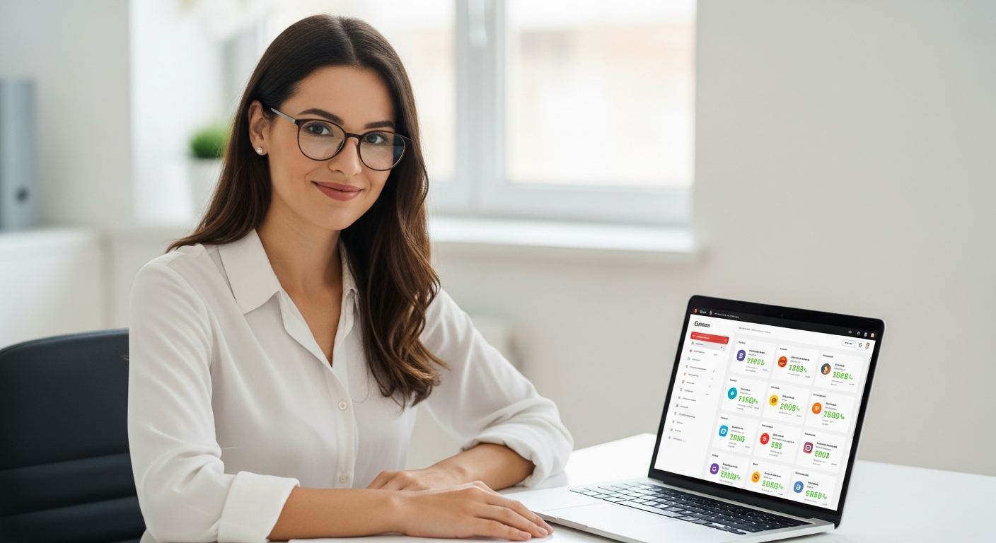 Woman uses a laptop to automate social media engagement.