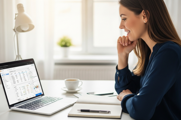 Woman using a laptop to automate social media engagement