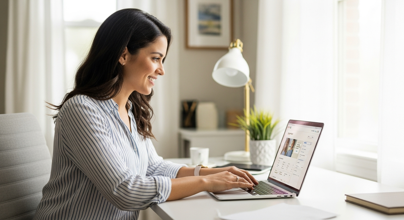 Woman using a laptop to manage website maintenance with AI