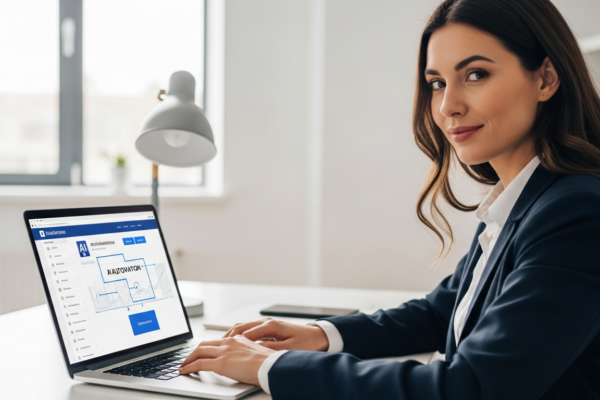 Woman using a laptop to manage website with AI tools