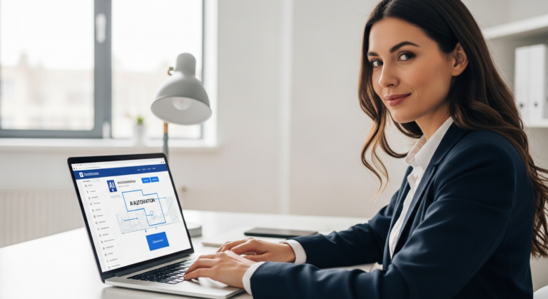 Woman using a laptop to manage website with AI tools