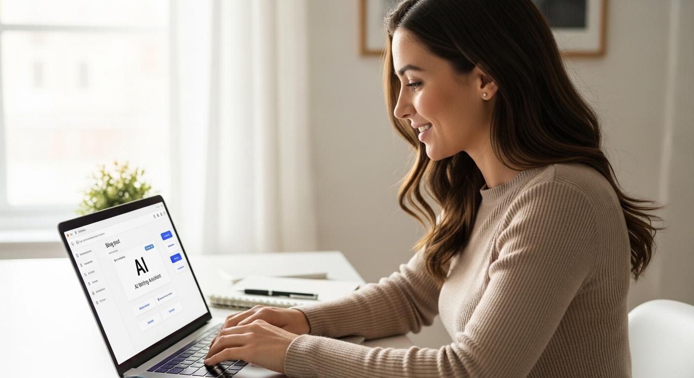 A woman is writing a blog post using AI tools on her laptop.
