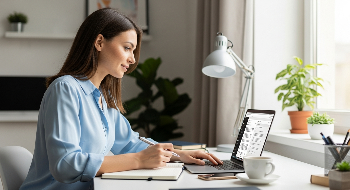 A woman uses a laptop for content creation in a home office setting.