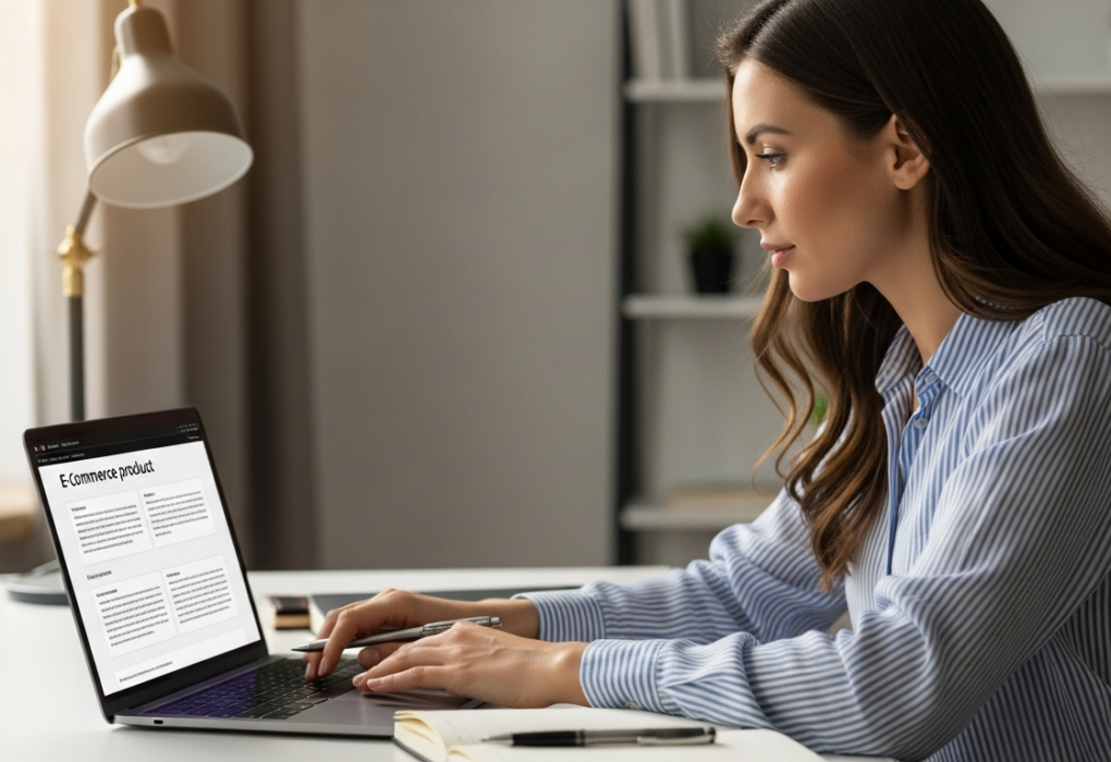 Woman working on a laptop, optimizing e-commerce product descriptions with AI.