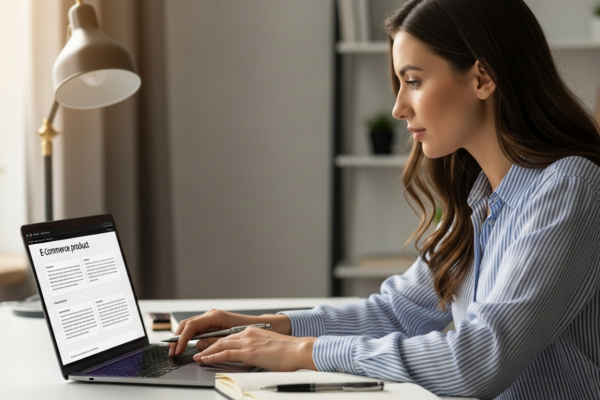 Woman working on a laptop, optimizing e-commerce product descriptions with AI.