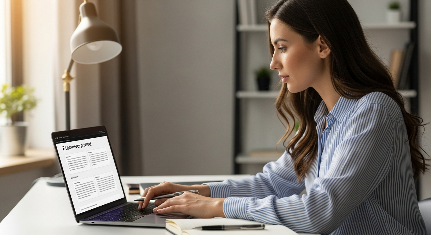 Woman working on a laptop, optimizing e-commerce product descriptions with AI.