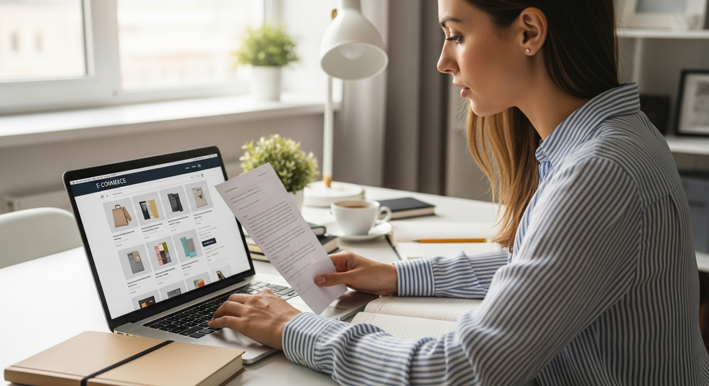 A woman is working on a laptop, reviewing product descriptions on an e-commerce website.
