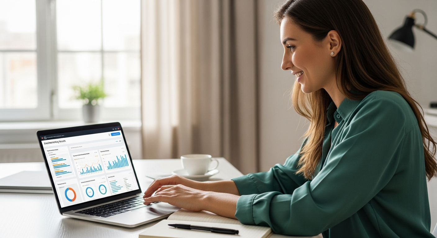 A woman reviews email marketing performance on her laptop.