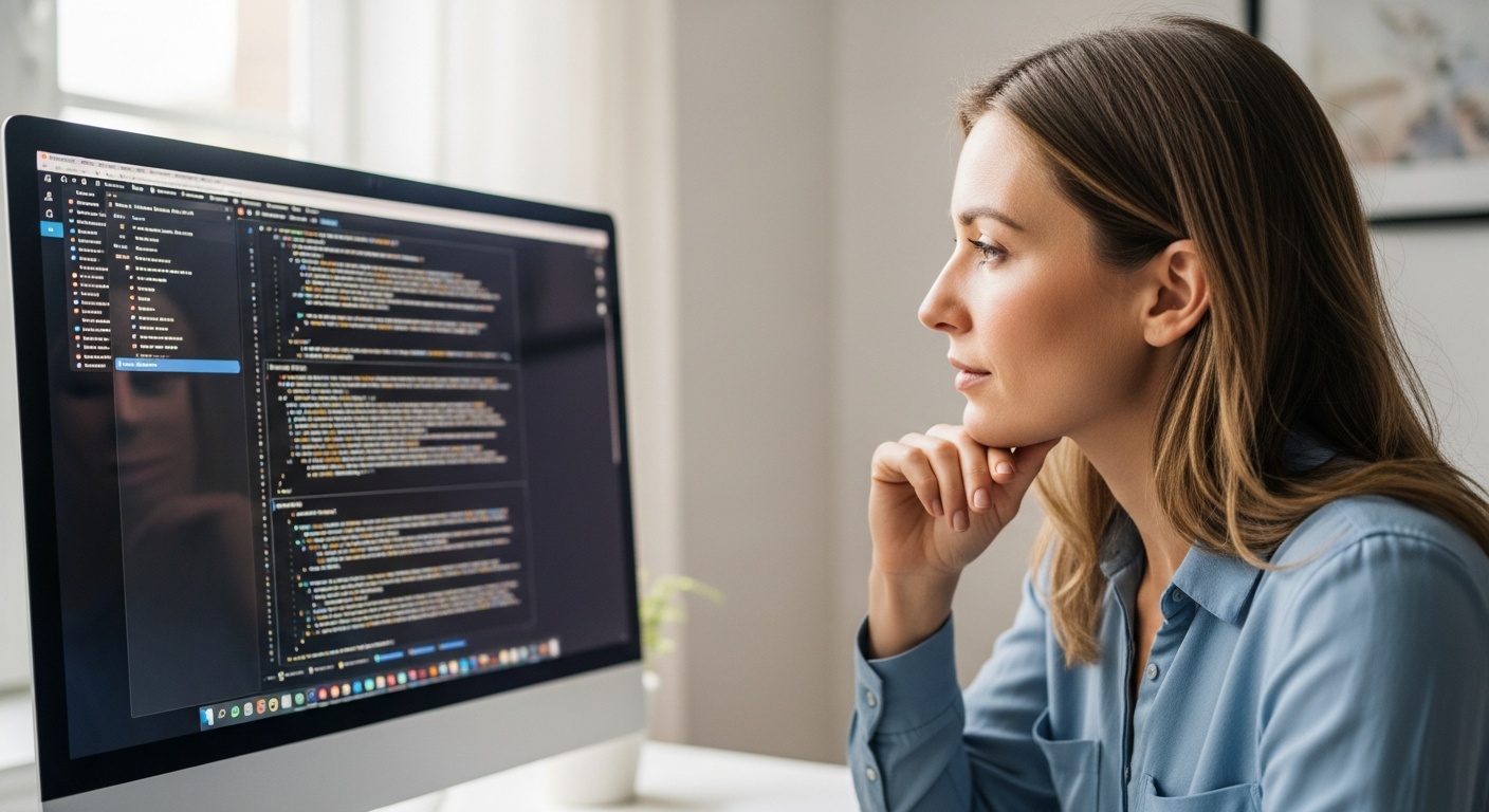 Woman reviews AI-generated content on a computer screen