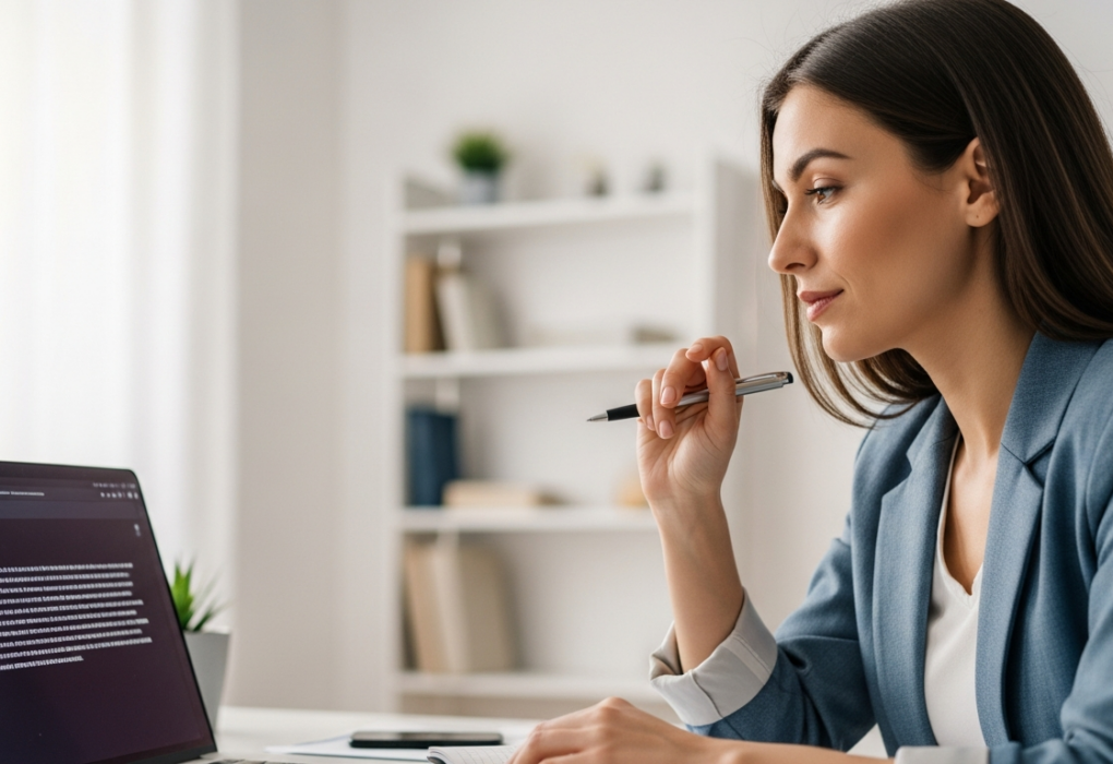 A woman reviews AI-generated content on a laptop.