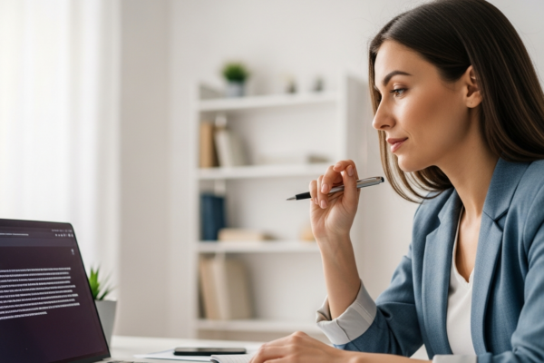 A woman reviews AI-generated content on a laptop.