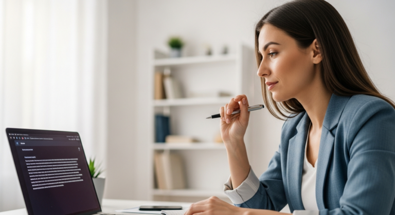 A woman reviews AI-generated content on a laptop.