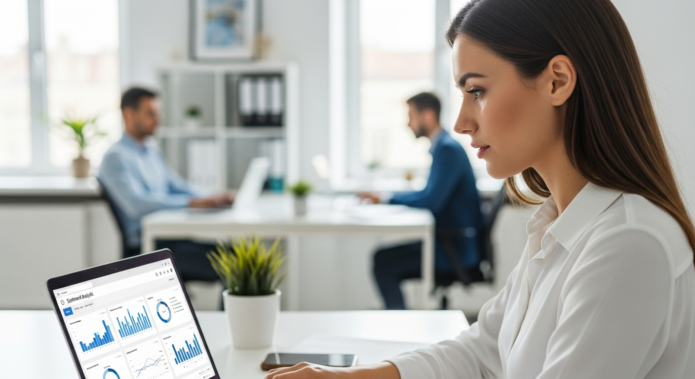 Woman analyzing sentiment data on a laptop in an office