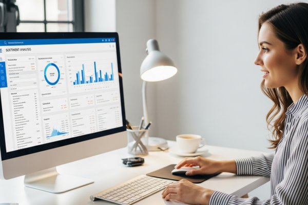 A woman analyzes sentiment data on a computer screen in an office.