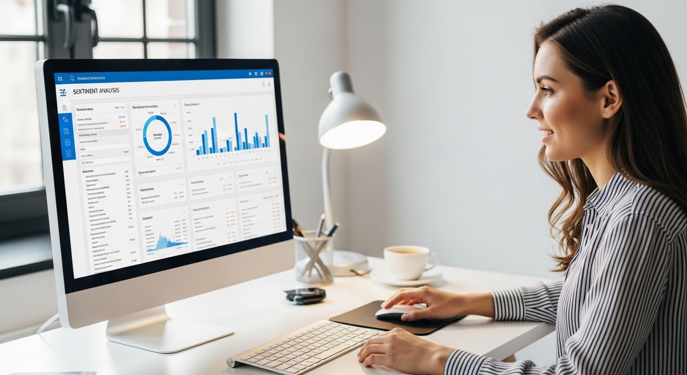 A woman analyzes sentiment data on a computer screen in an office.