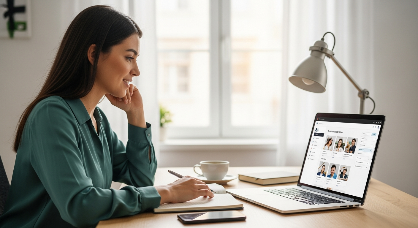 Woman using a laptop to create social media content with AI