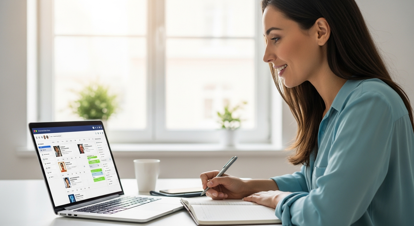 A woman schedules social media posts on her laptop.