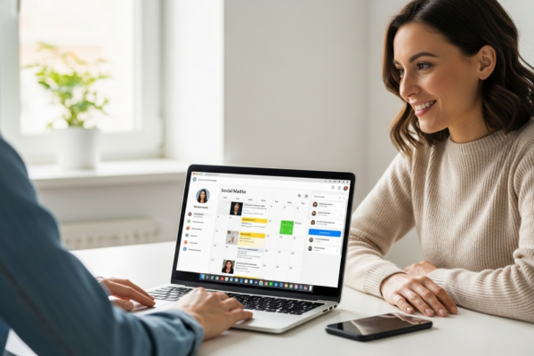 Woman scheduling social media posts on a laptop