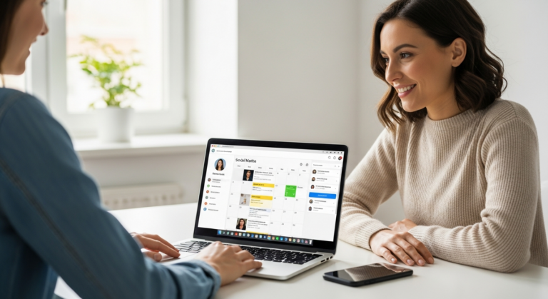 Woman scheduling social media posts on a laptop
