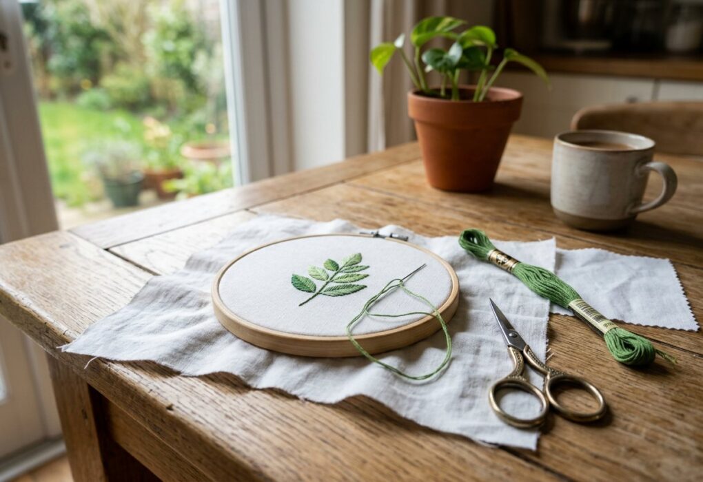 Bastidor de madeira com uma folha bordada em verde, linhas e agulha sobre a mesa da cozinha