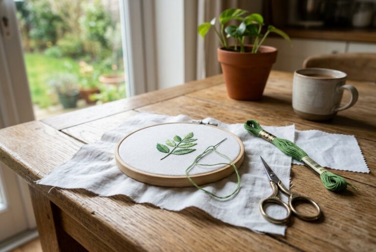 Bastidor de madeira com uma folha bordada em verde, linhas e agulha sobre a mesa da cozinha