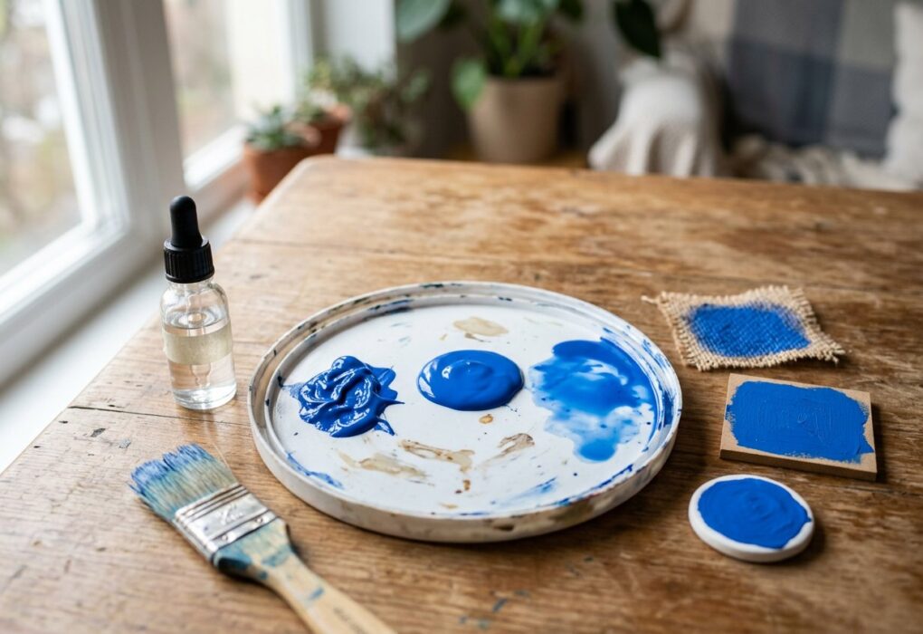 Tinta acrílica azul em três pontos de diluição numa tampa de pote, com conta-gotas e amostras pintadas em tela, MDF e cerâmica fria