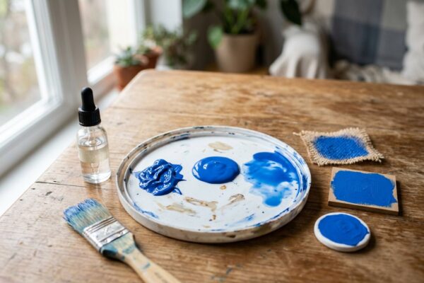 Tinta acrílica azul em três pontos de diluição numa tampa de pote, com conta-gotas e amostras pintadas em tela, MDF e cerâmica fria