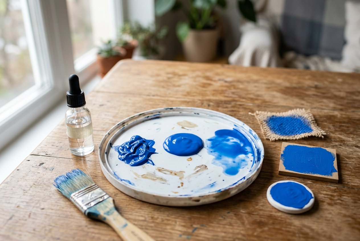 Tinta acrílica azul em três pontos de diluição numa tampa de pote, com conta-gotas e amostras pintadas em tela, MDF e cerâmica fria