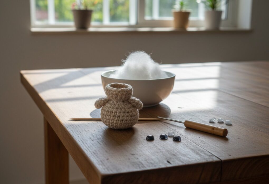Amigurumi de crochê aberto na mesa ao lado de fibra siliconada em tufos, palito e olhos de segurança