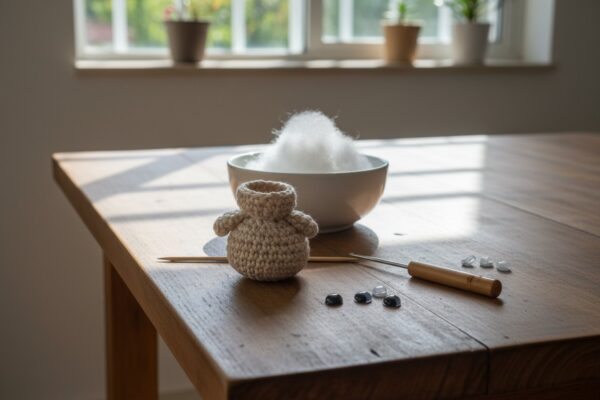 Amigurumi de crochê aberto na mesa ao lado de fibra siliconada em tufos, palito e olhos de segurança