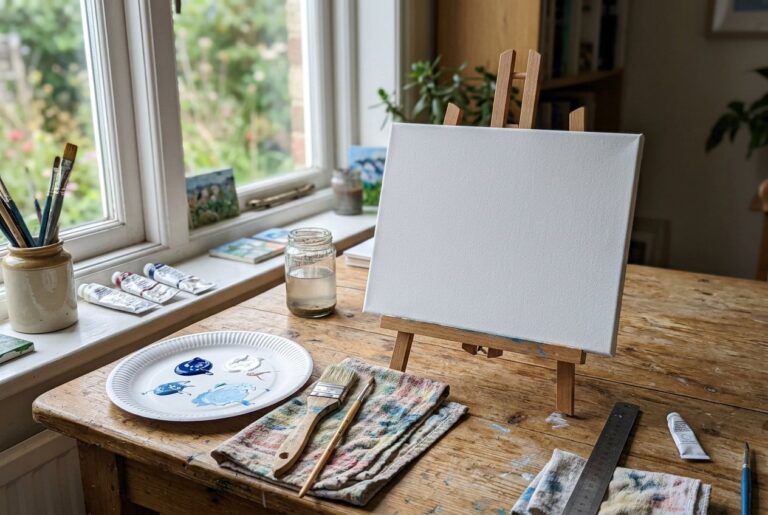 Tela pequena com tinta azul e pincéis sobre uma mesa, ao lado de uma paleta feita com prato descartável