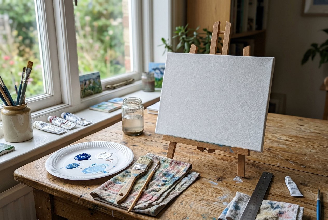 Tela pequena com tinta azul e pincéis sobre uma mesa, ao lado de uma paleta feita com prato descartável