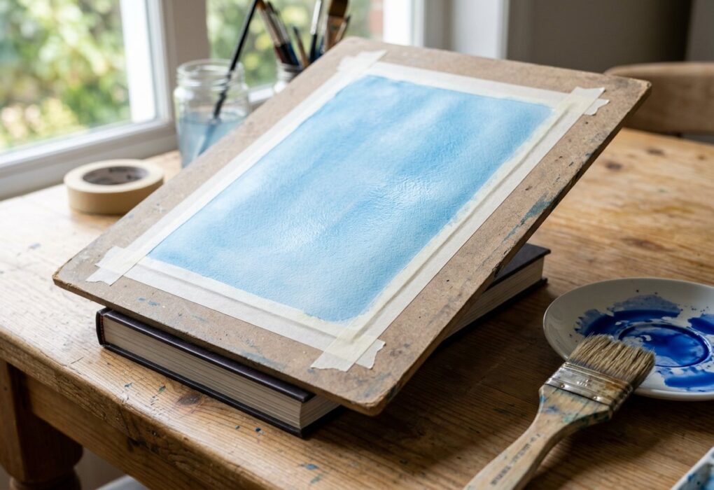 Folha de aquarela com fundo azul liso presa com fita crepe numa tábua inclinada, com pincel chato e pires de tinta ao lado