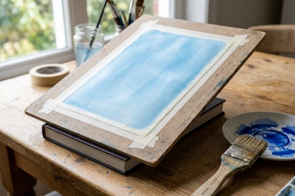 Folha de aquarela com fundo azul liso presa com fita crepe numa tábua inclinada, com pincel chato e pires de tinta ao lado