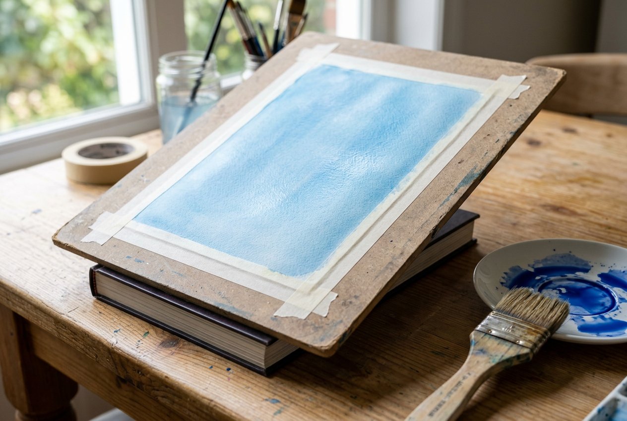Folha de aquarela com fundo azul liso presa com fita crepe numa tábua inclinada, com pincel chato e pires de tinta ao lado