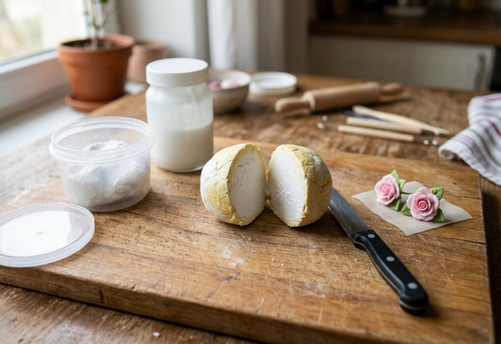 Bola de massa de cerâmica fria endurecida cortada ao meio sobre a mesa, com faca, pote aberto, cola branca e florzinhas modeladas