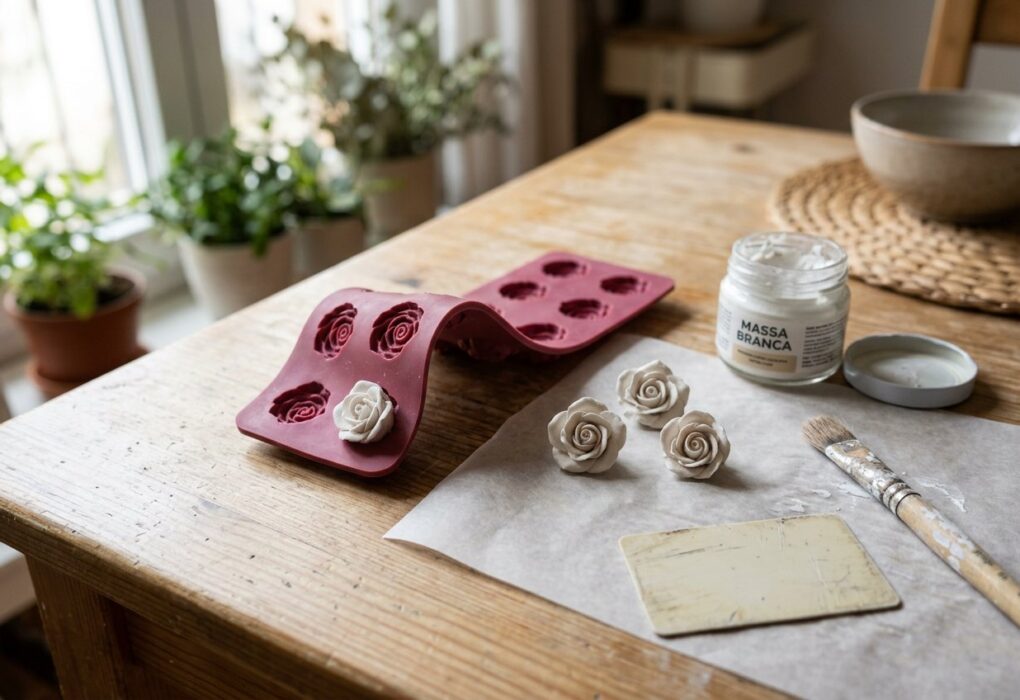 Molde de silicone de rosinhas dobrado sobre a mesa, com rosas de cerâmica fria brancas desenformadas ao lado