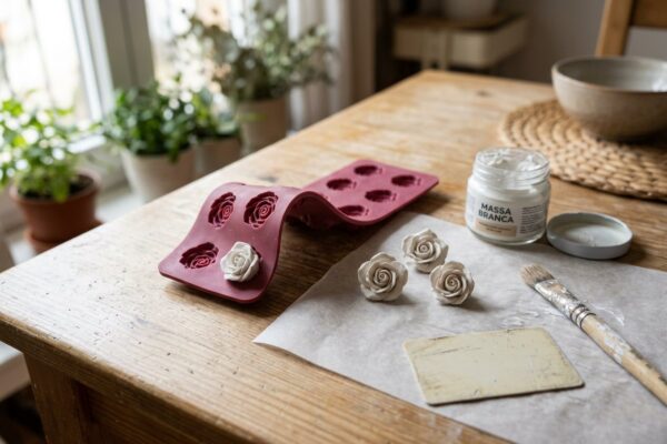 Molde de silicone de rosinhas dobrado sobre a mesa, com rosas de cerâmica fria brancas desenformadas ao lado