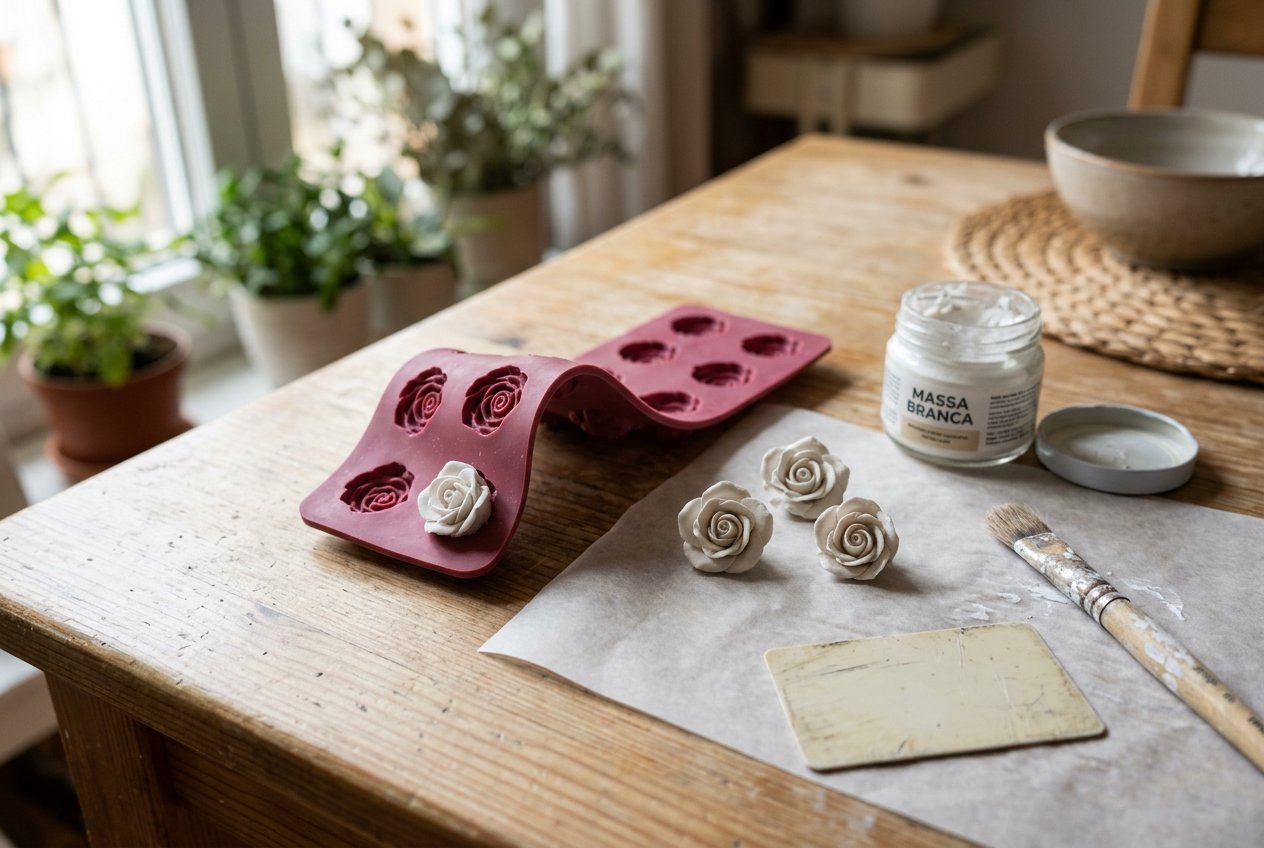 Molde de silicone de rosinhas dobrado sobre a mesa, com rosas de cerâmica fria brancas desenformadas ao lado