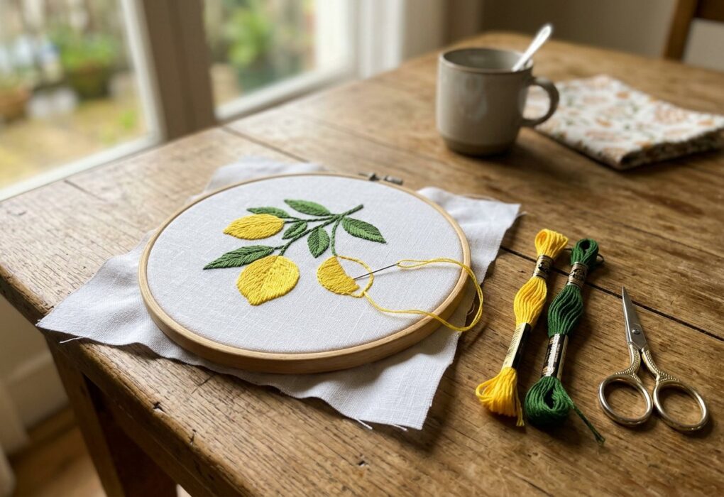 Pano de prato branco num bastidor de madeira com três limões bordados, meadas de linha amarela e verde e tesourinha sobre a mesa