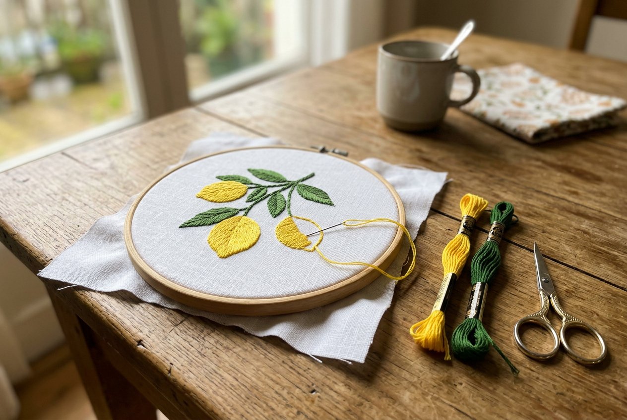 Pano de prato branco num bastidor de madeira com três limões bordados, meadas de linha amarela e verde e tesourinha sobre a mesa