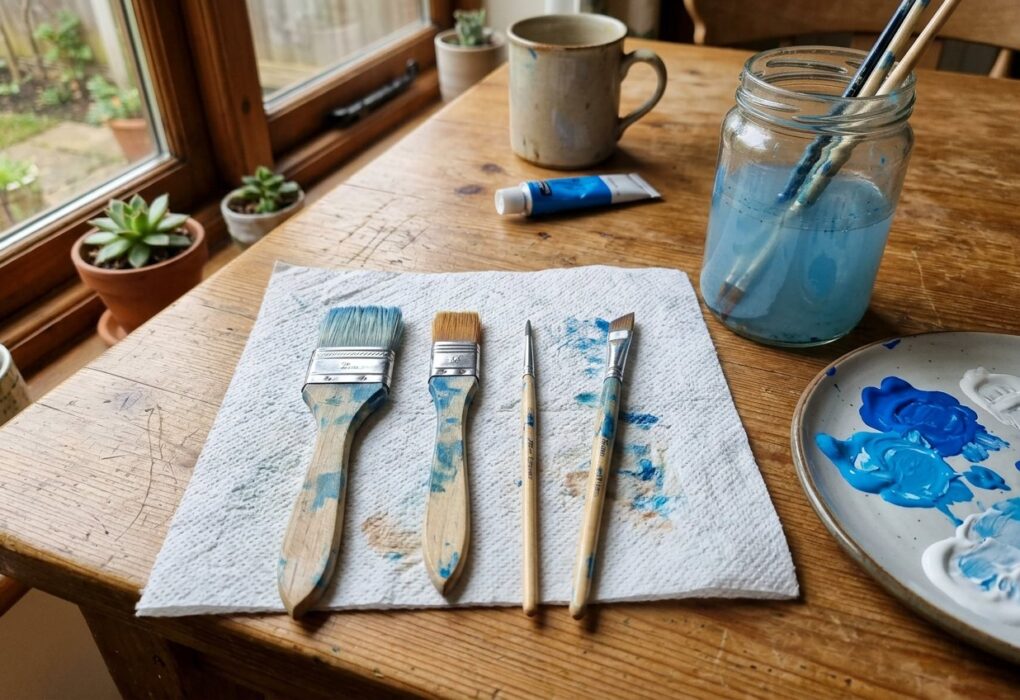 Quatro pincéis de formatos diferentes sobre uma toalha de papel, ao lado de um pote de água e de uma paleta com tinta acrílica