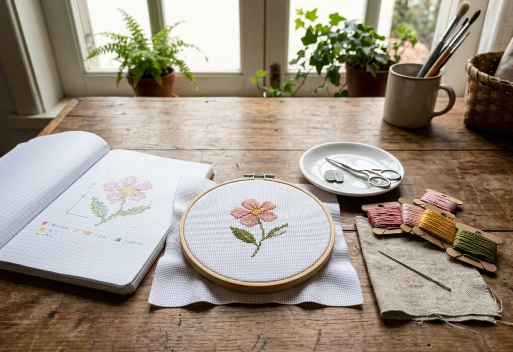Bastidor com etamine e flor rosa em ponto cruz pela metade, meadas e gráfico em papel quadriculado sobre a mesa