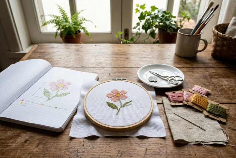 Bastidor com etamine e flor rosa em ponto cruz pela metade, meadas e gráfico em papel quadriculado sobre a mesa